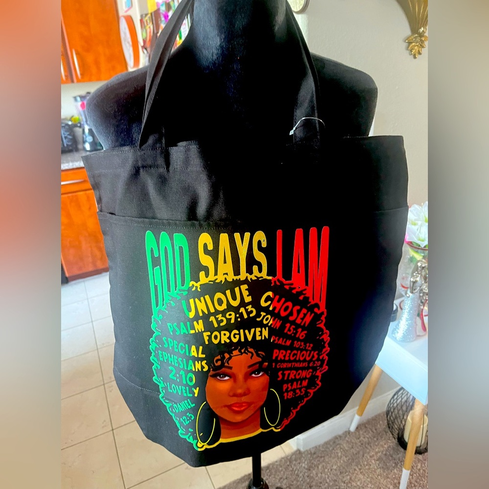 God says I am ! Multiple pockets Black  Tote 👜 Bag